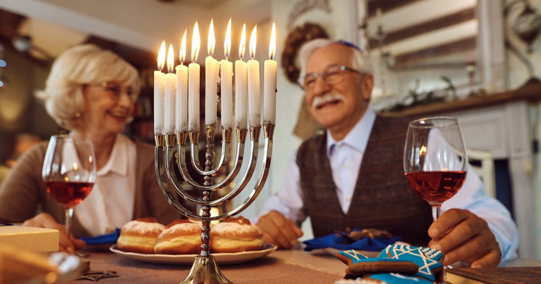 Close up of lit candles in menorah with happy seni